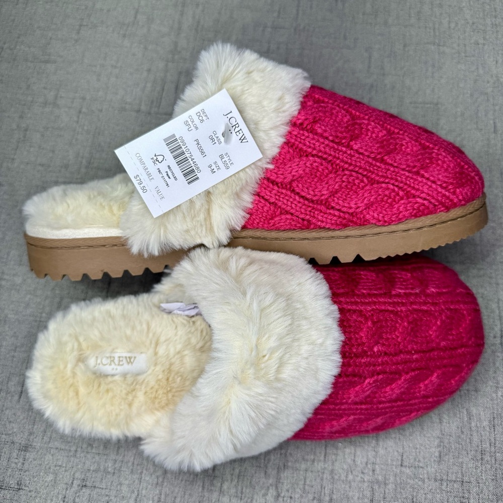J. Crew Slippers Pink Cable Knit Fur Slippers Size 7 8 9 NWT - Picture 13 of 16